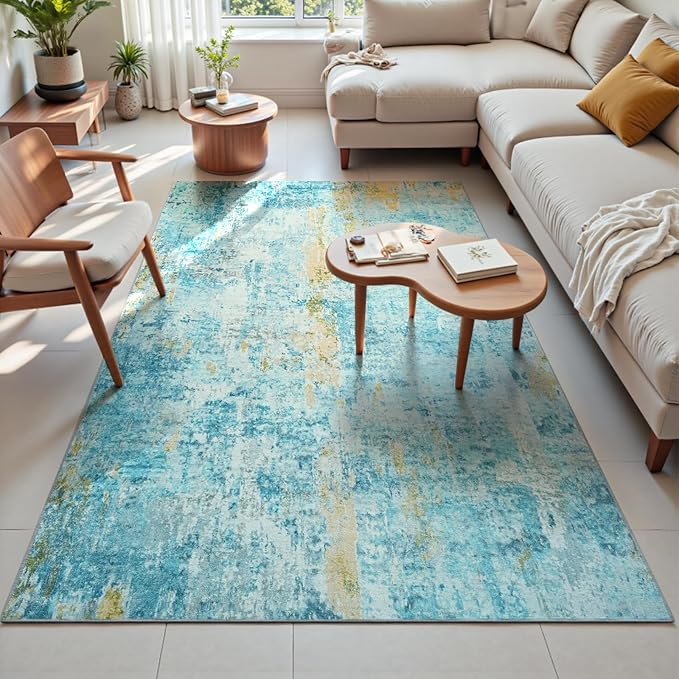 Area Rug 4x6 Teal Blue Rug Washable Boho Rugs Non Slip Low Pile Abstract Small - Image 3