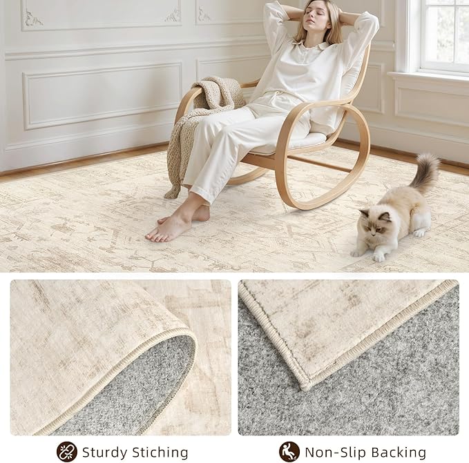 8x10 Area Rugs for Living Room: Vintage Boho Neutral Washable Rug Indoor Soft - Image 4