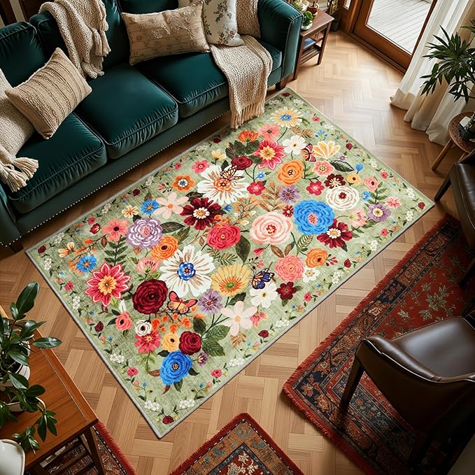 Area Rug 4x6 Rug Green, Washable Boho Rugs Non Slip Low Pile Floral Small Carpet - Image 3