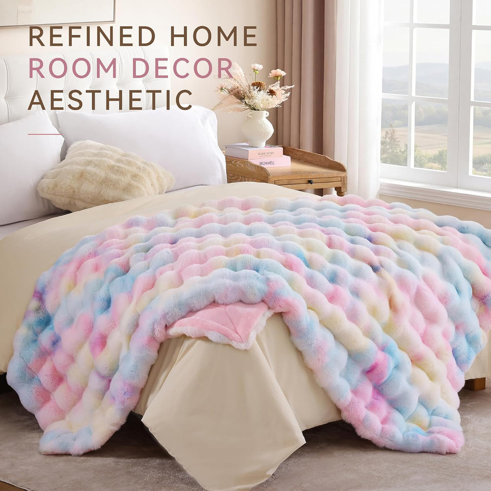 Faux Rabbit Fur Throw for Couch - Rainbow Bubble Blanket 50"x60"