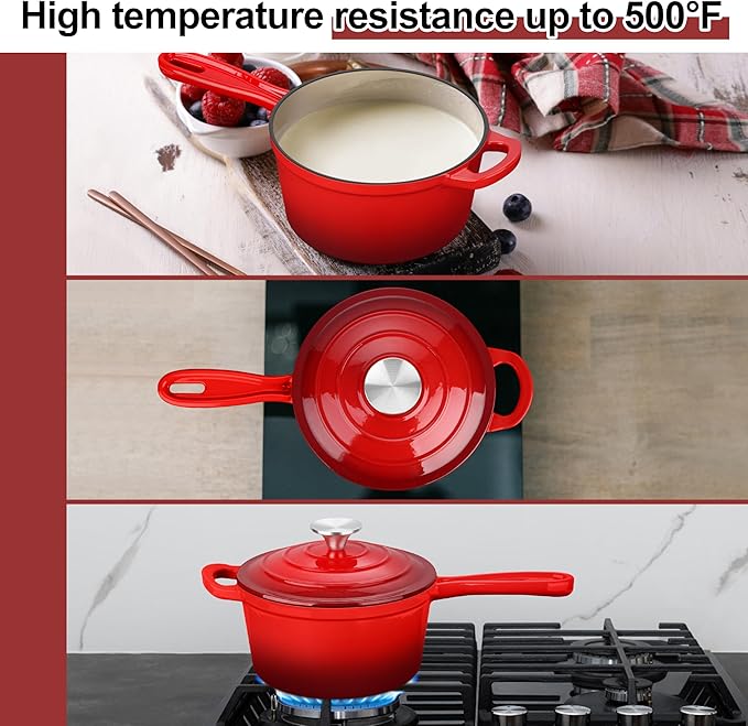 Enameled Cast Iron Sauce Pan, Leonyo 1 Qt & 2 Qt Saucepan Set, Cast Iron Dutch - Image 4