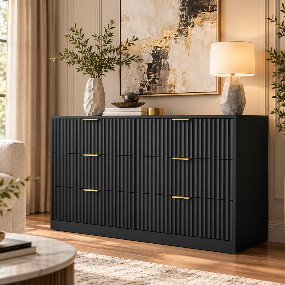 55" Wide Fluted Dresser for Bedroom with 6 Drawers, Black