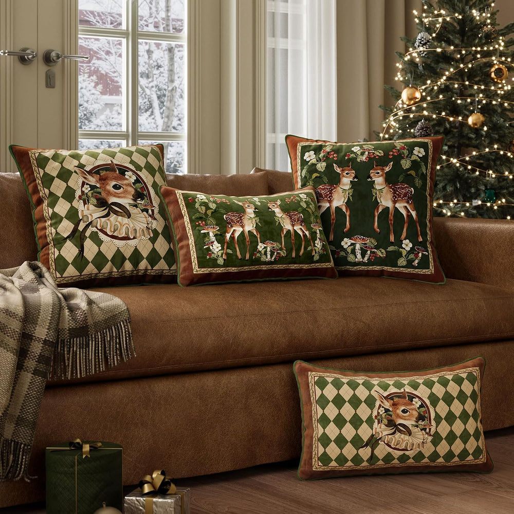 Vintage Christmas Pillow Cover 18x18, Holly Deer