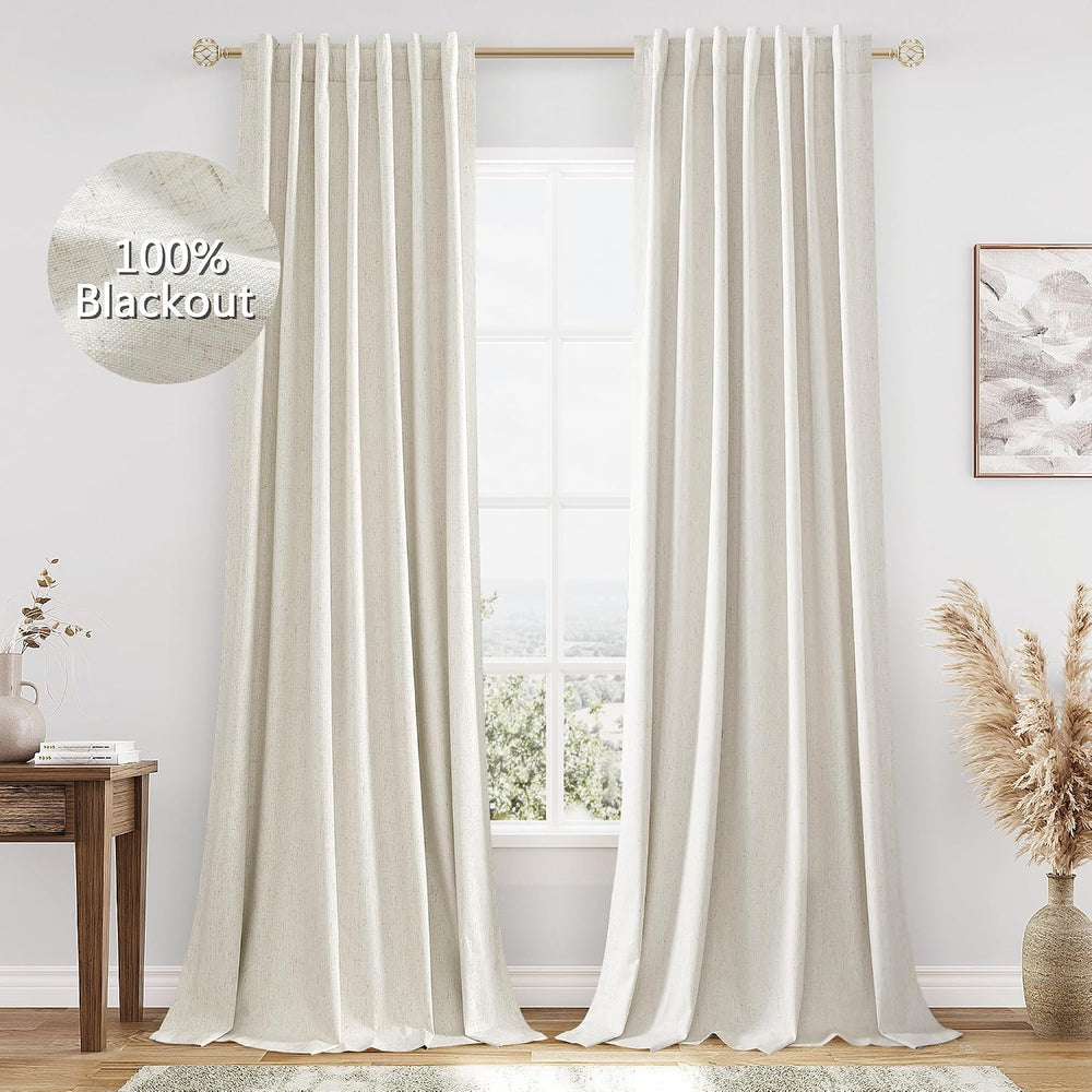 Guken 100% Blackout Linen Curtains 90 Inch Long for Bedroom 2 Panels Cream