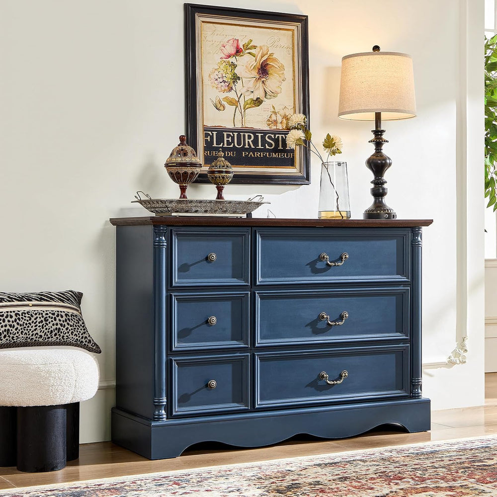 Gray Rustic 6 Drawer Wood Dresser with Charging Station