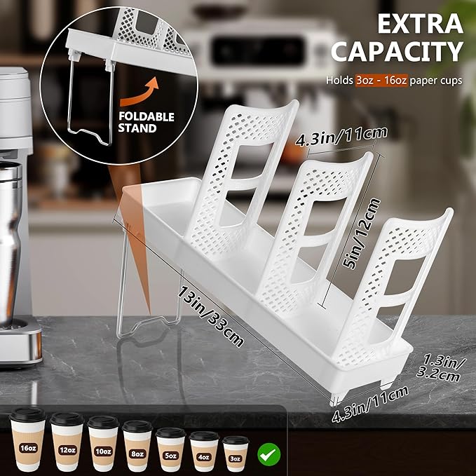 Paper Cup and Lid Holder, Disposable Coffee Cup Dispenser, 3-Slot Upright Paper - Image 2