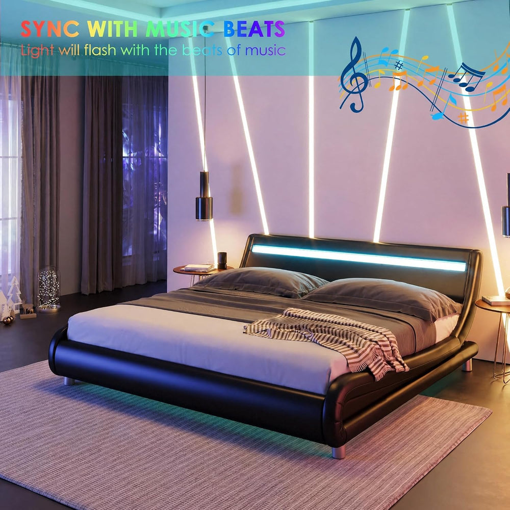 Keyluv Upholstered Full LED Bed Frame with Headboard, Modern Low Profile Plat...