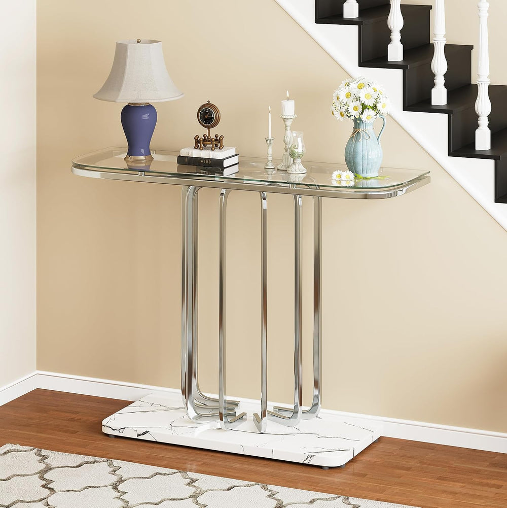 O&K FURNITURE 43" Modern Glass Console Table with Curved Chrome Fram...