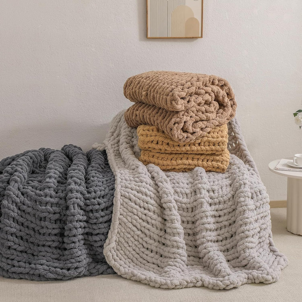 bearberry Chunky Knit Handmade Throw Blanket 50x60 Jumbo Chenille Dark Gray