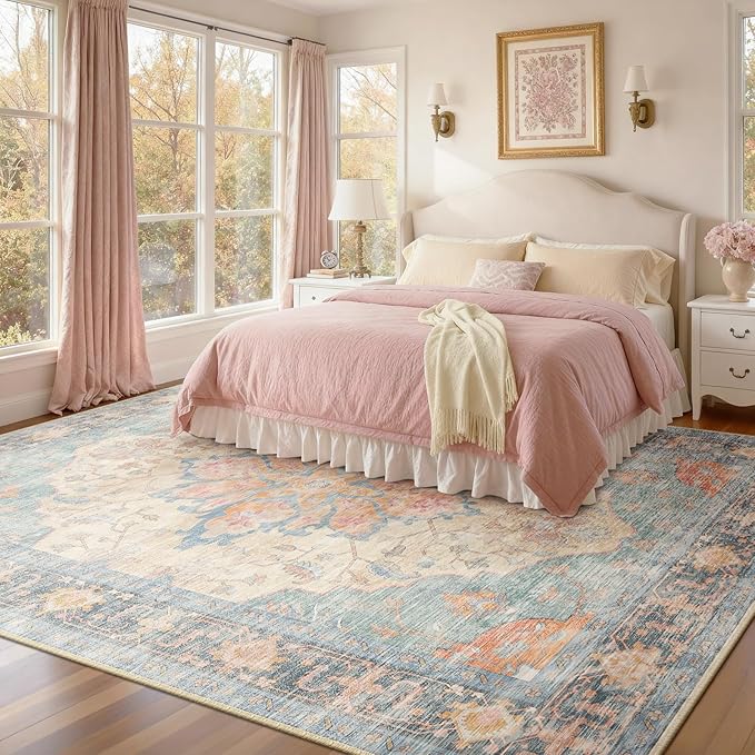 Area Rugs 8'x10' Washable Non-Slip, Floral Vintage Distress Print Pattern - Image 2