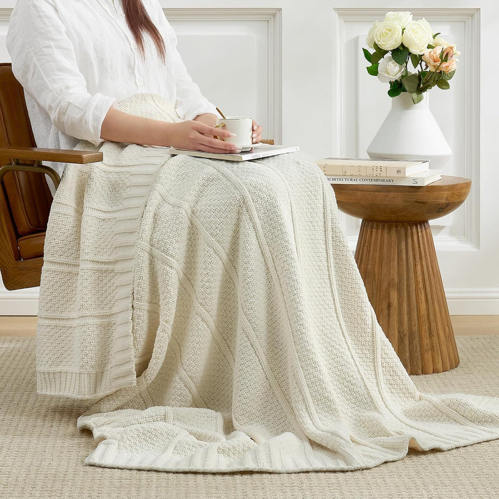 Premium Chenille Throw Blanket, Soft Cozy Moss Stitch Knit Blanket for Couch, Sofa, Chair, Home Decor, Cream White 50"x60"