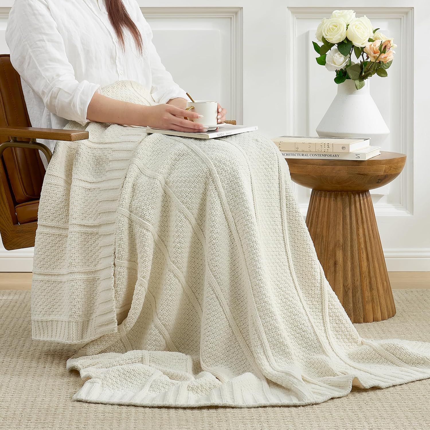 Premium Chenille Throw Blanket, Soft Cozy Moss Stitch Knit Blanket for Couch, Sofa, Chair, Home Decor, Cream White 50"x60"