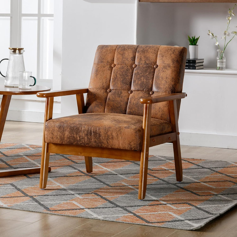 Modern Accent Chair, Mid-Century Technical Fabric Armchair with Solid Wood Ar...