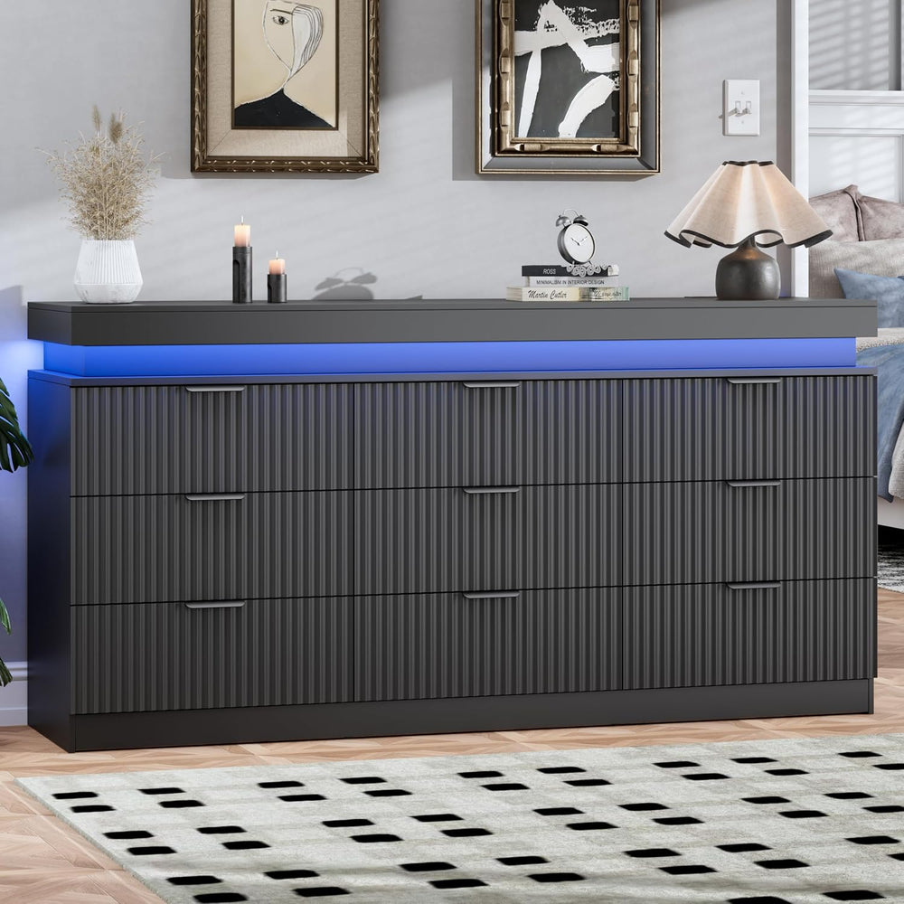 Fluted 9 Drawer Dresser for Bedroom with Charging Station, Black