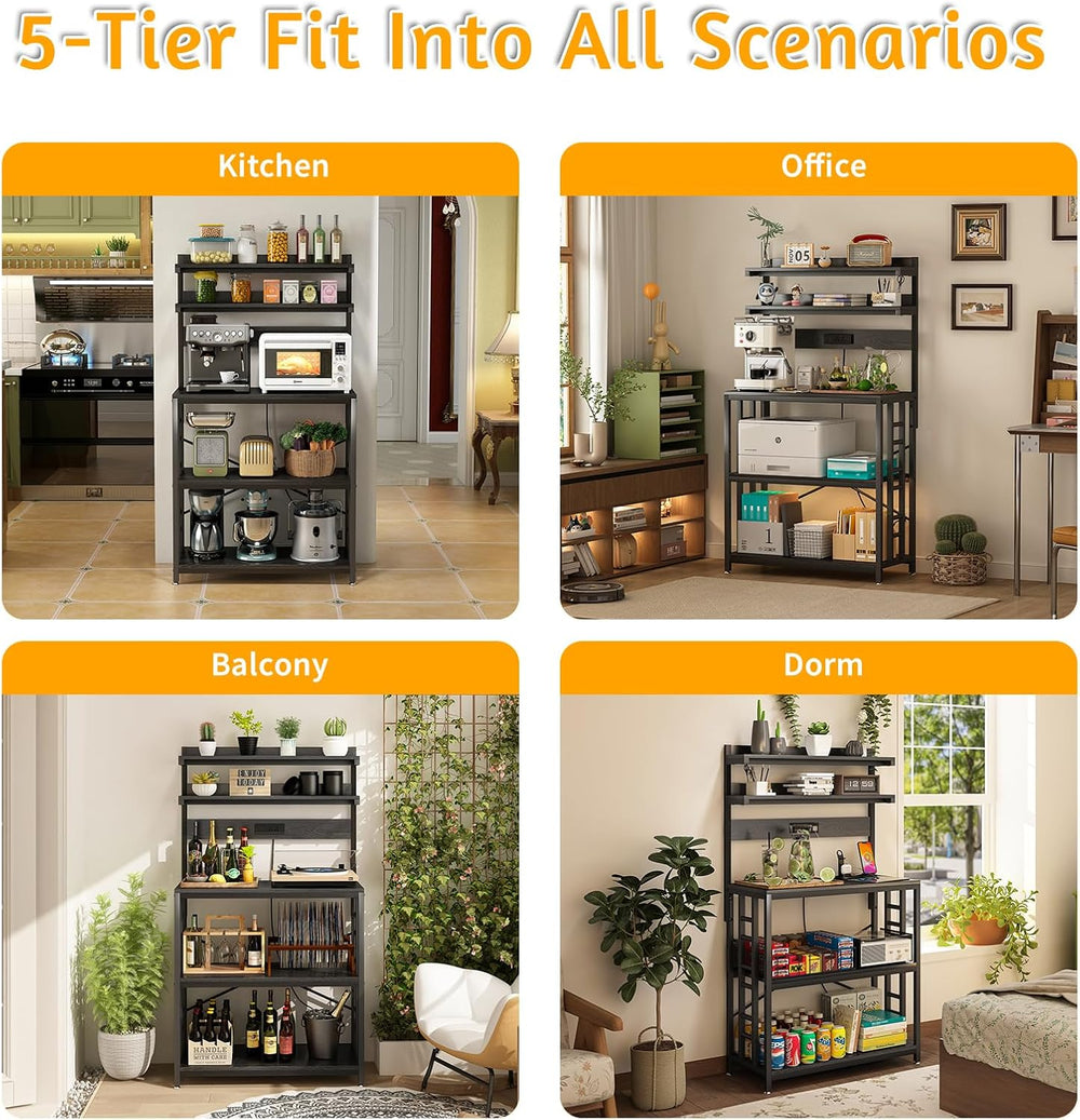 Baker's Rack with Power Outlet, 5-Tier Microwave Stand with Storage, Blac...