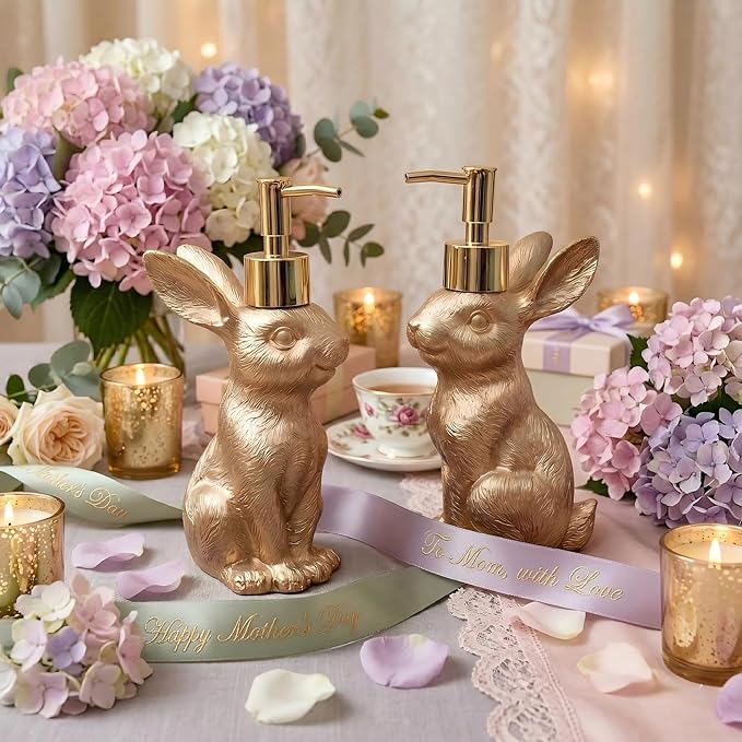 Gold Bunny Soap Dispenser Set of 2 – Vintage Rabbit Hand & Dish Soap Dispensers - Image 6