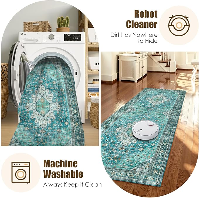 Washable Area Rug 2'6'' x 8' Vintage Traditional Persian Mat - Image 7