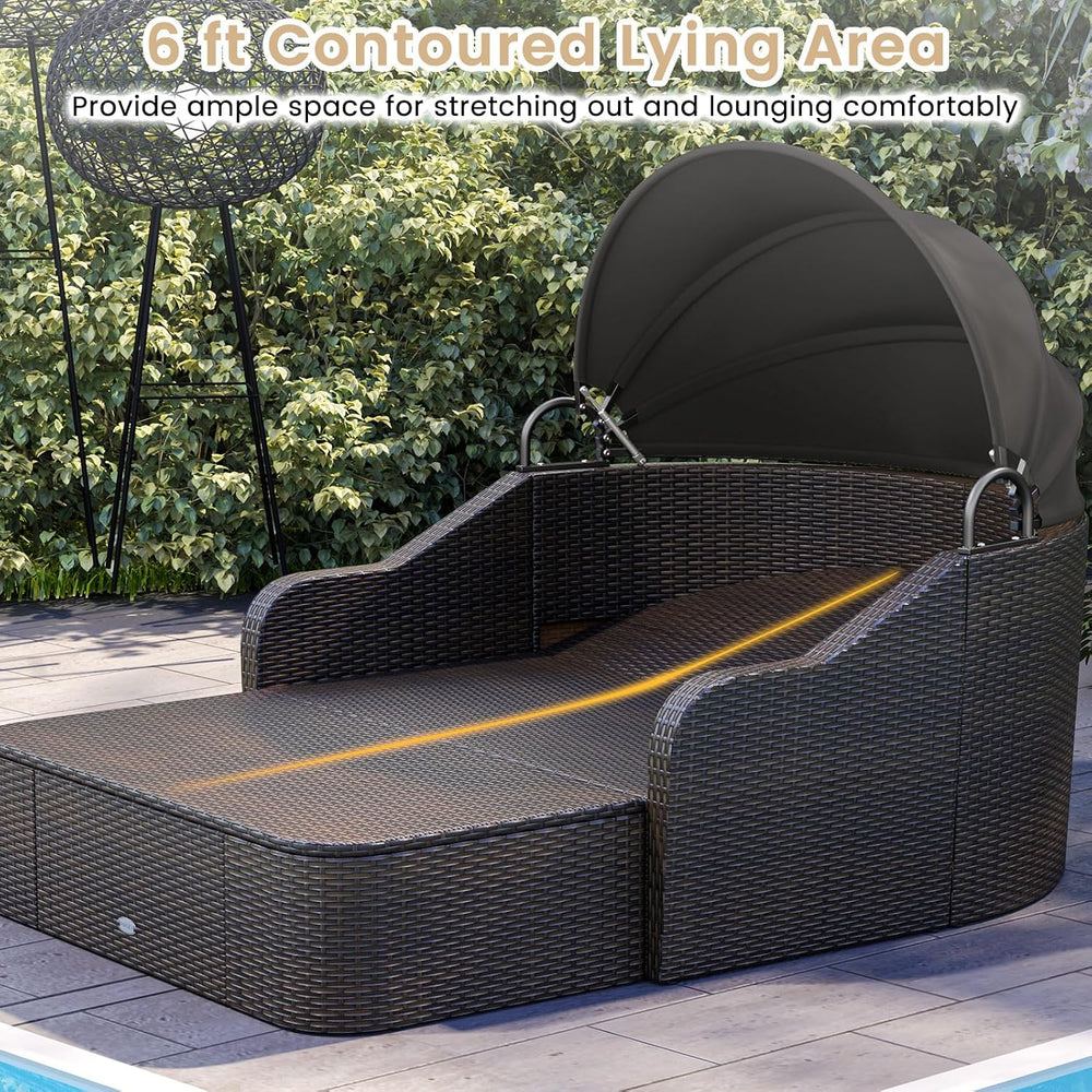 Tangkula PE Rattan Patio Daybed with Retractable Canopy, Double Lounge Bed