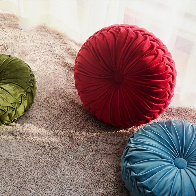 HIG Set of 2 Dusty Blue Ruched Velvet Round Throw Pillows – 14.5’’ Decorative - Image 5