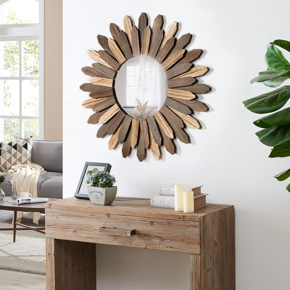 Honiway Boho Wall Decor 21 inch Wall Mirror Rustic Wood Decorative Mirror for...