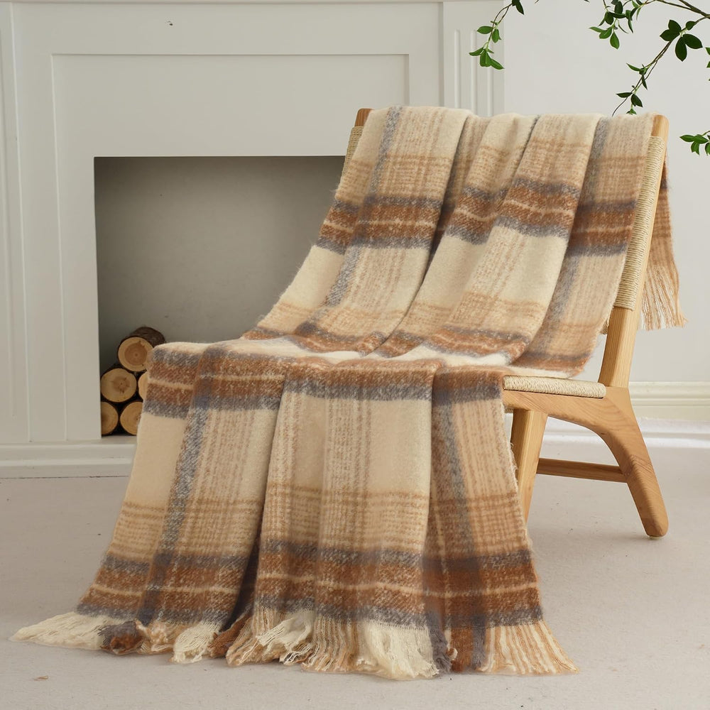 Battilo Beige Plaid Throw Blanket for Couch, Mohair Tartan Blanket 50"x6...