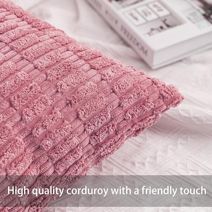 Pack of 2 Corduroy Decorative Throw Pillow Covers 22x22 Inch Soft Striped - Image 2