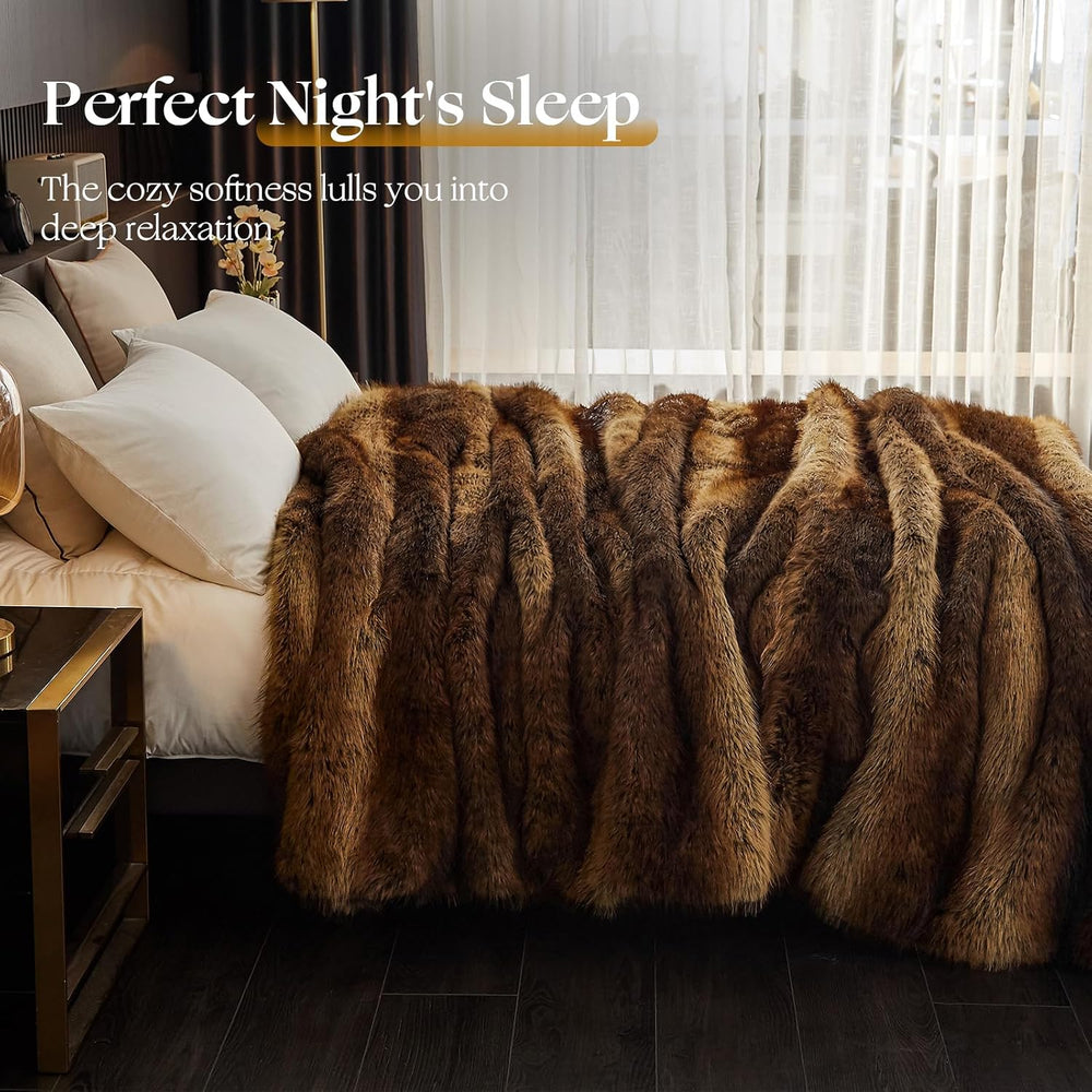 Fluffy Faux Fur Throw Blanket - Thick Warm Blanket 60"x80", Brown