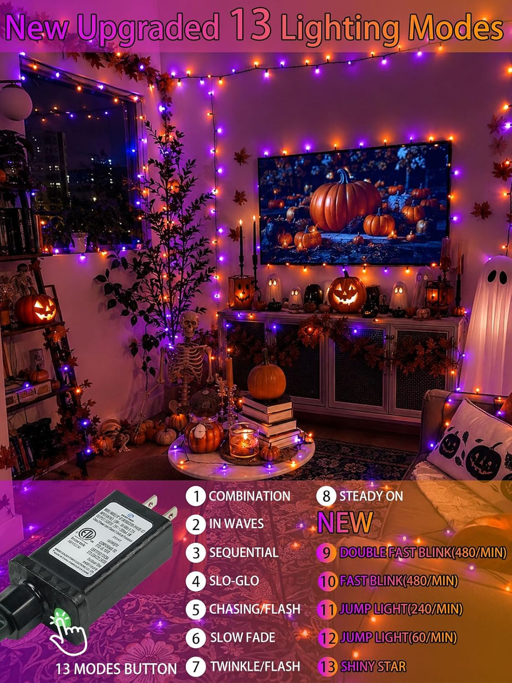 2 Pack 66FT 200 LED Halloween Lights Outdoor Indoor, Orange and Purple