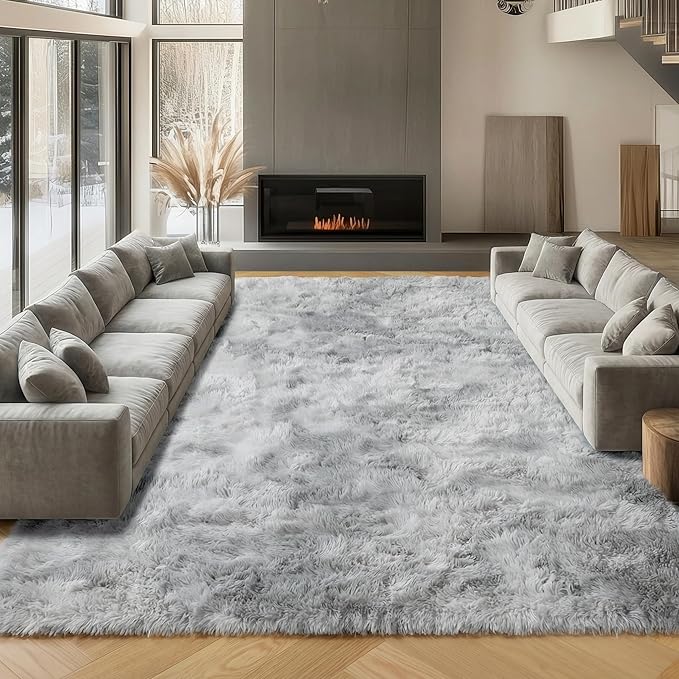 ONASAR 8x10 Area Rugs for Living Room, Tie-Dyed Light Grey Large Fluffy Shag by ONASAR