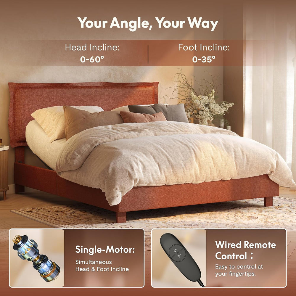 FLEXISPOT All-In-One Adjustable Bed Frame with Upholstered Flange Edge Headbo...