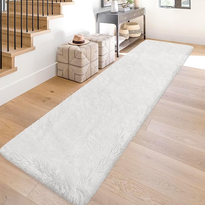 Runner Rug for Bedroom White 2x10ft Fluffy Area Rug Bedside Runner Rug for Kids - Image 3