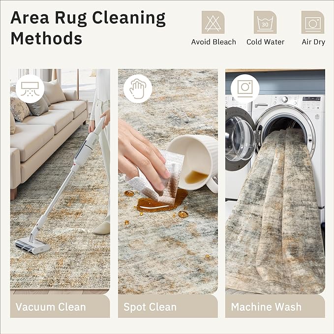 Abstract Rug 5x7 Machine Washable Area Indoor Orange Low Pile Non-Slip Foldable - Image 9