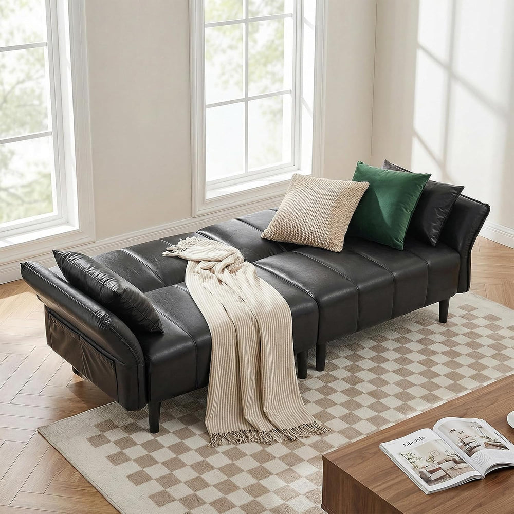 83" Mid Century Modern Futon Sofa Bed, Black Faux Leather Couch