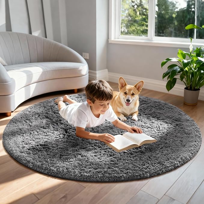 Ophanie Round Rug 6Ft Grey Circle Area Rugs, Fluffy Fuzzy Large Bedroom Carpet - Image 3