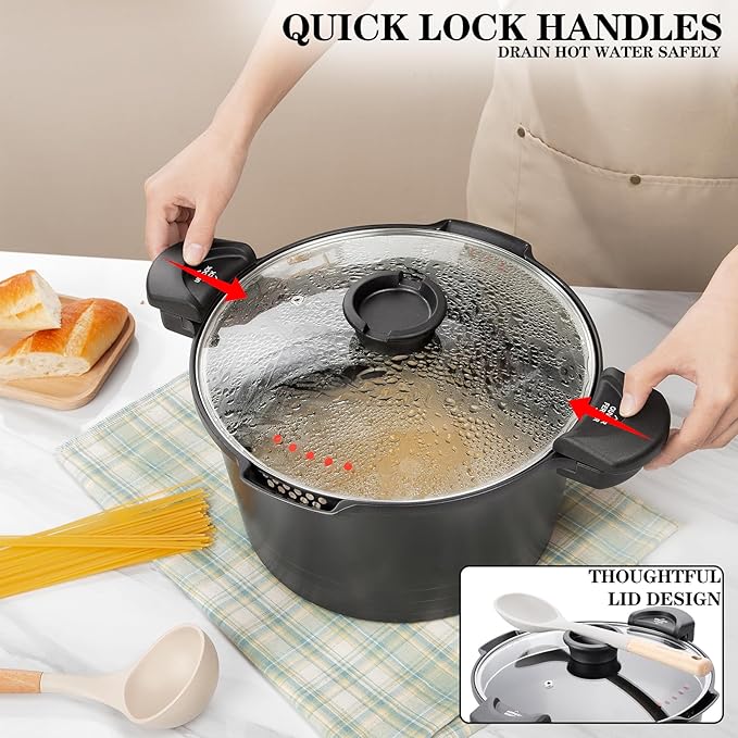 8.5qt Pasta Pot with Strainer Lid, Cast Aluminum Stockpot Multipot, Nonstick - Image 4