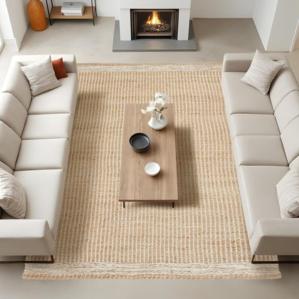 8x10 feet Natural Jute & Wool Area Rug,– Handwoven Mini Check Natural Fiber Rug with 4" Border, Neutral Boho Farmhouse Rug for Living Room,Dining Room,Bedroom | 0.6" Pile (8' x 10')