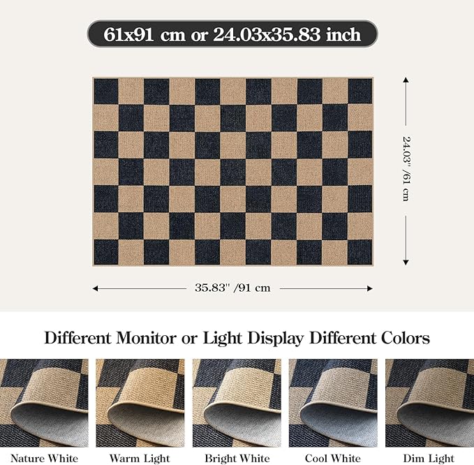 Lahome Colette Checkered Easy Jute 2x3 Rug, Small Entryway Rug Non Slip Kitchen - Image 2