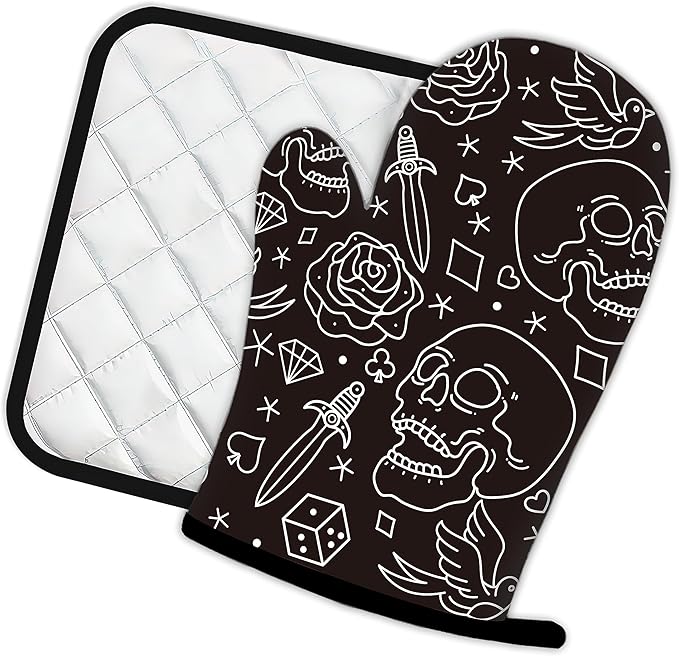 Skull Head with Rose Oven Mitts and Pot Holders Kitchen Cooking Gloves 2 Pcs - Image 2