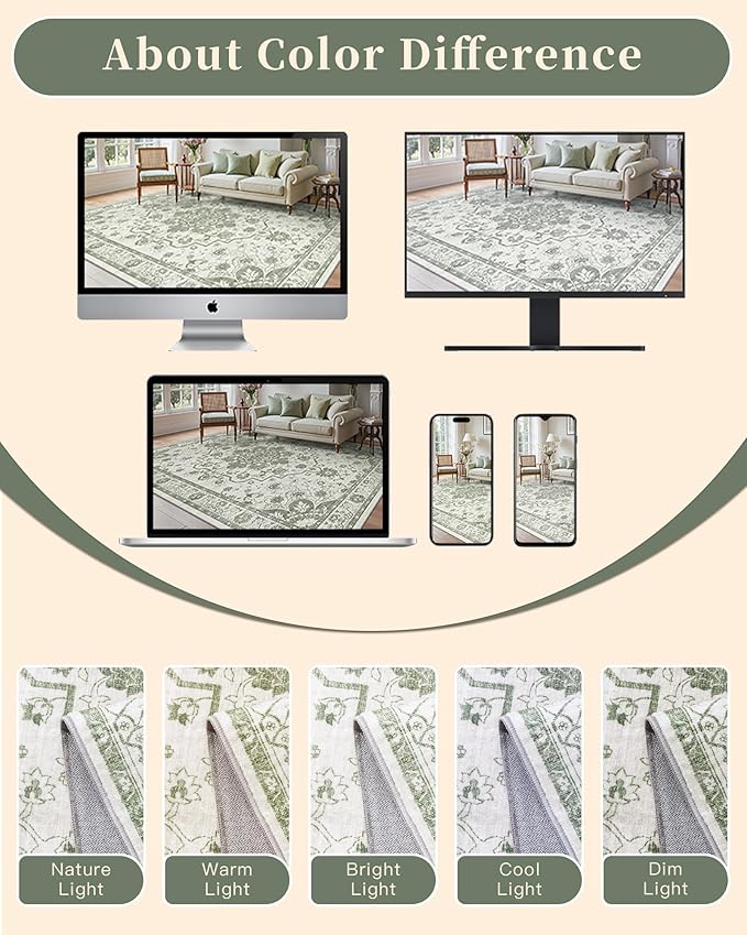 Madane 8x10 Area Rugs for Living Room, Machine Washable Vintage Green Rug - Image 7