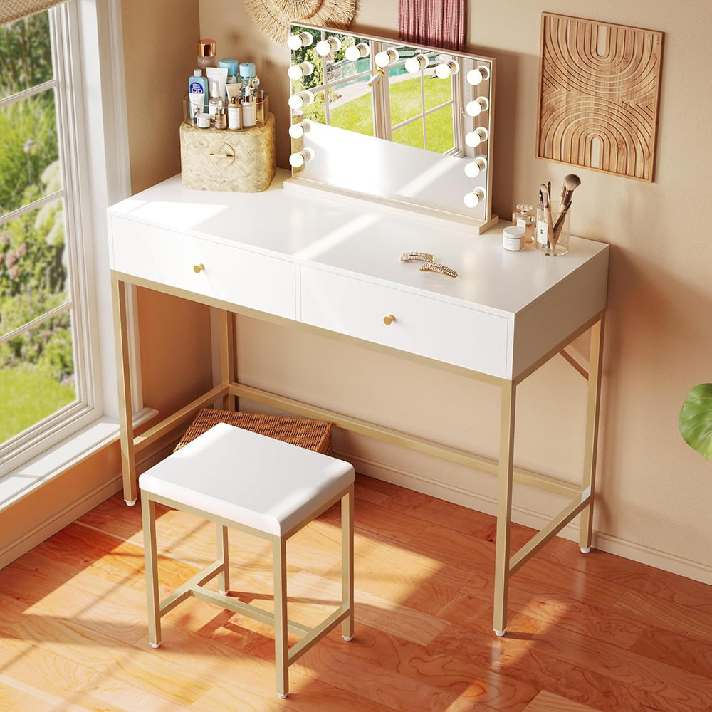 SUPERJARE 35.4" White and Gold Desk with 2 Drawers, Modern Makeup Vanity...