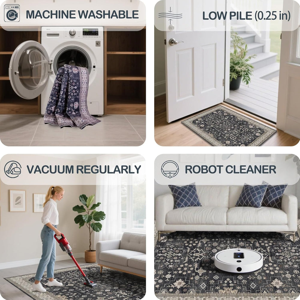 8x10 Washable Area Rugs for Living Room (Charcoal Blush Ivory)