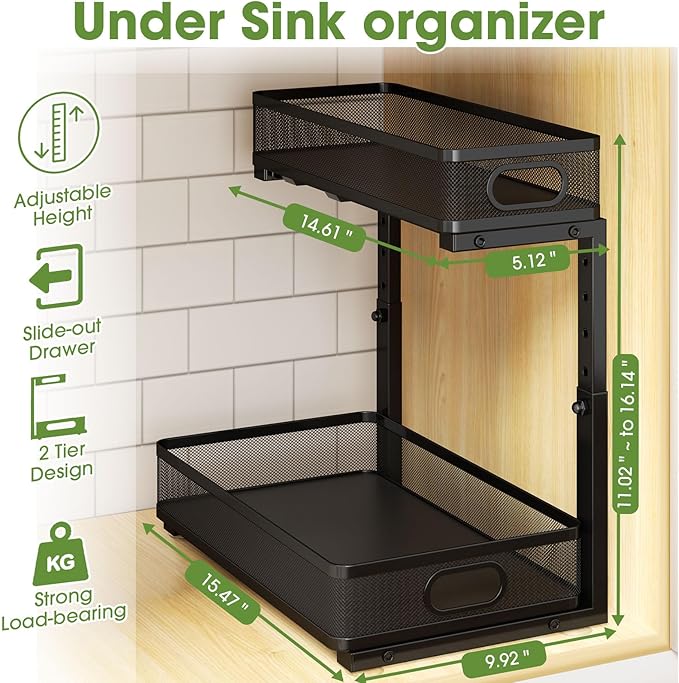 Under Sink Organizer 2-Pack, Metal 2-Tier Pull-Out Cabinet Shelf - Image 2