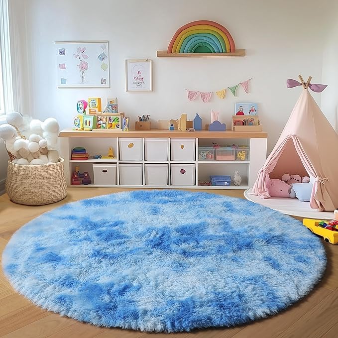 ONASAR Tie-Dye Blue Round Area Rug 4ft, Soft Bedroom Circle Rugs Floor Mats - Image 6