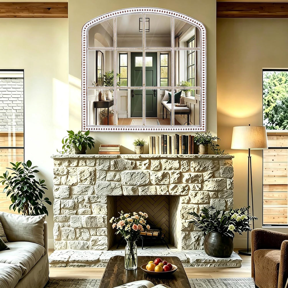 36x36 Inch Farmhouse Arched Window Mirror, Distressed Wooden Wall Mirrors