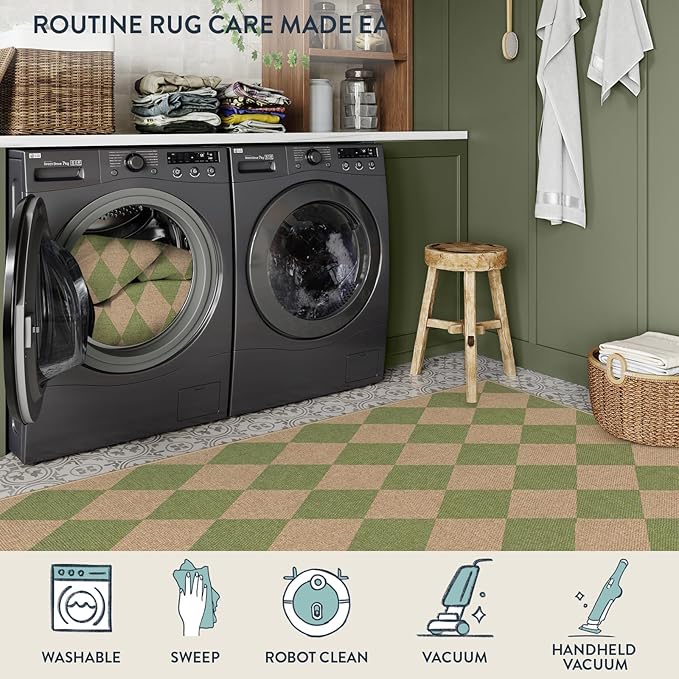 Lahome Colette Green Checkered Easy Jute Rug, 3x5 Washable Outdoor Rug Neutral - Image 4