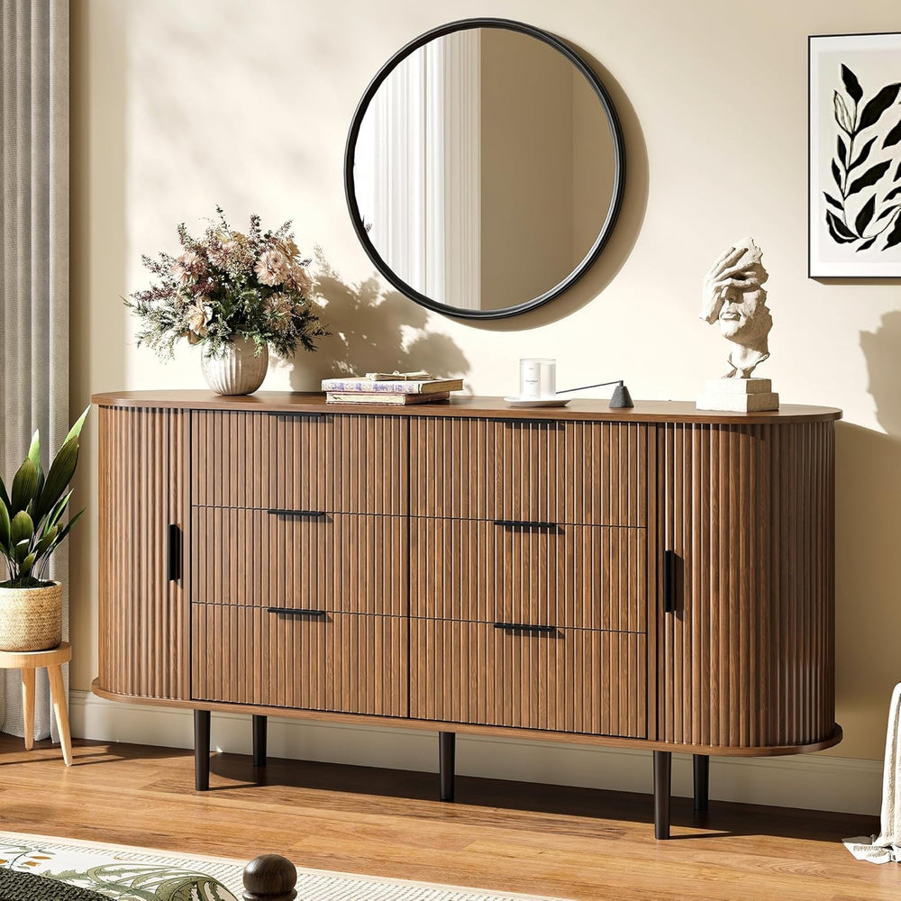 63" Wide Fluted 6 Drawer Dresser for Bedroom, Modern Wood Chest of Drawe...