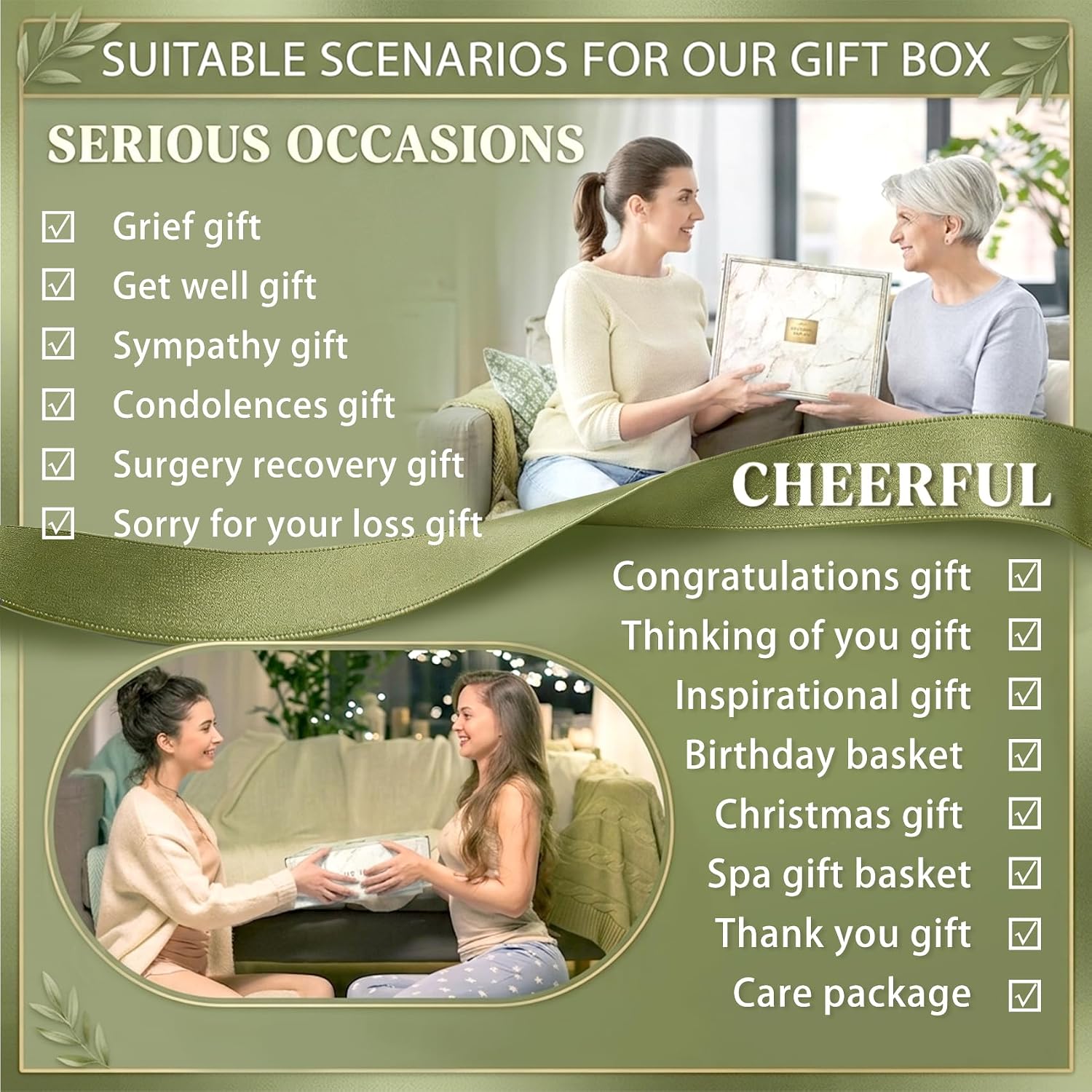 AHAGIFTREE Gift Baskets for Women,11PC Care Package with Moon Lamp,Grief,Get Well Soon After Surgery,Birthday,Think of You,Thank You,Sympathy (green)