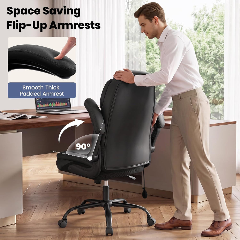 Ergonomic Leather Office Chair with Inflatable Lumbar Support, Black
