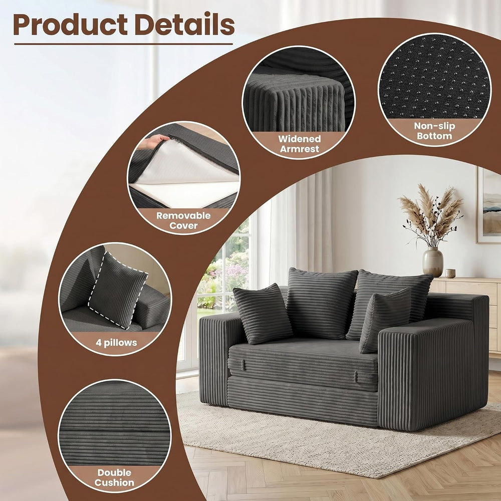 JUIKURY Boneless Mini Couch 53 Inch, 3-in-1 Gray Boneless Couches Covertible ...