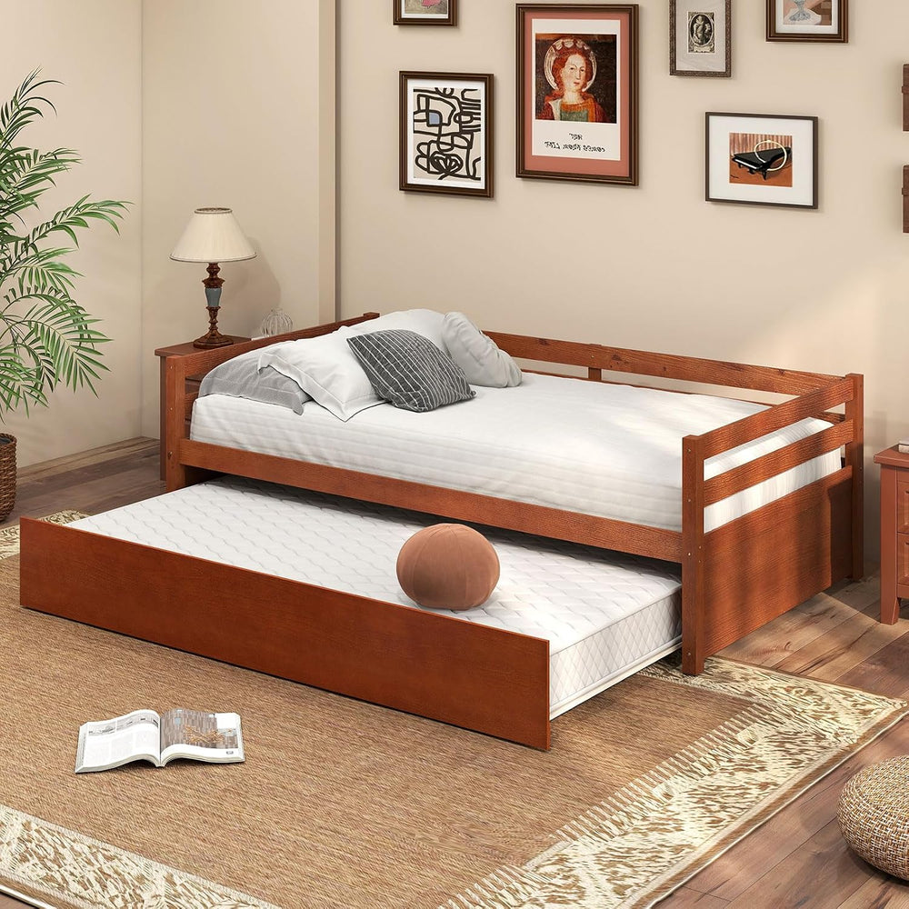 GIANTEX Twin Daybed with Trundle, Wood Trundle Bed with Wood Slat Support, Mi...